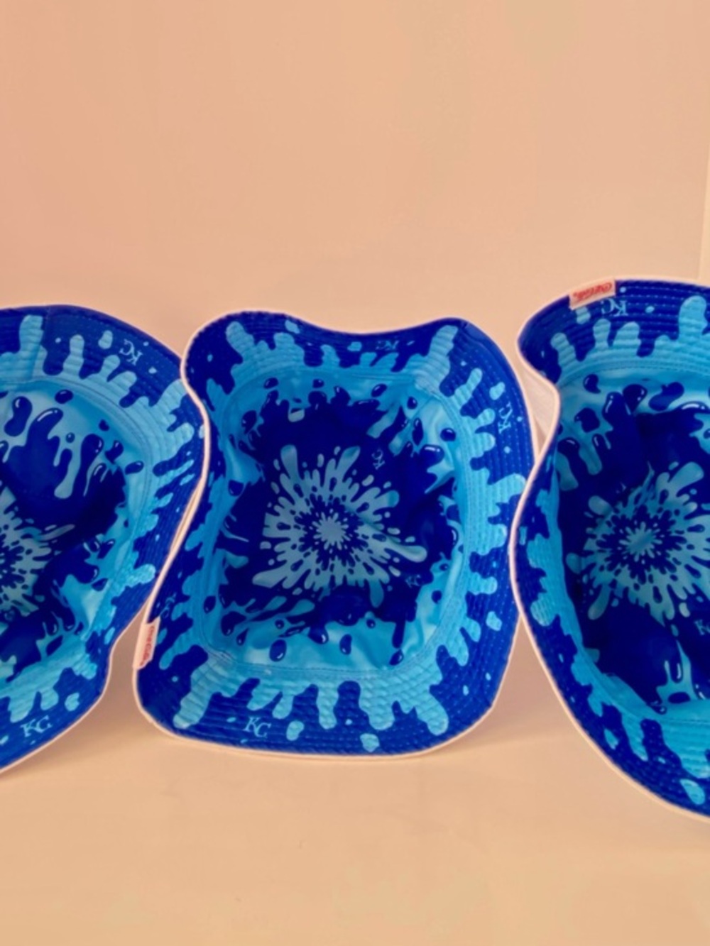 Three new MLB KC Royals White Bucket Hats with Blue Logo. Reversible. Coca-cola